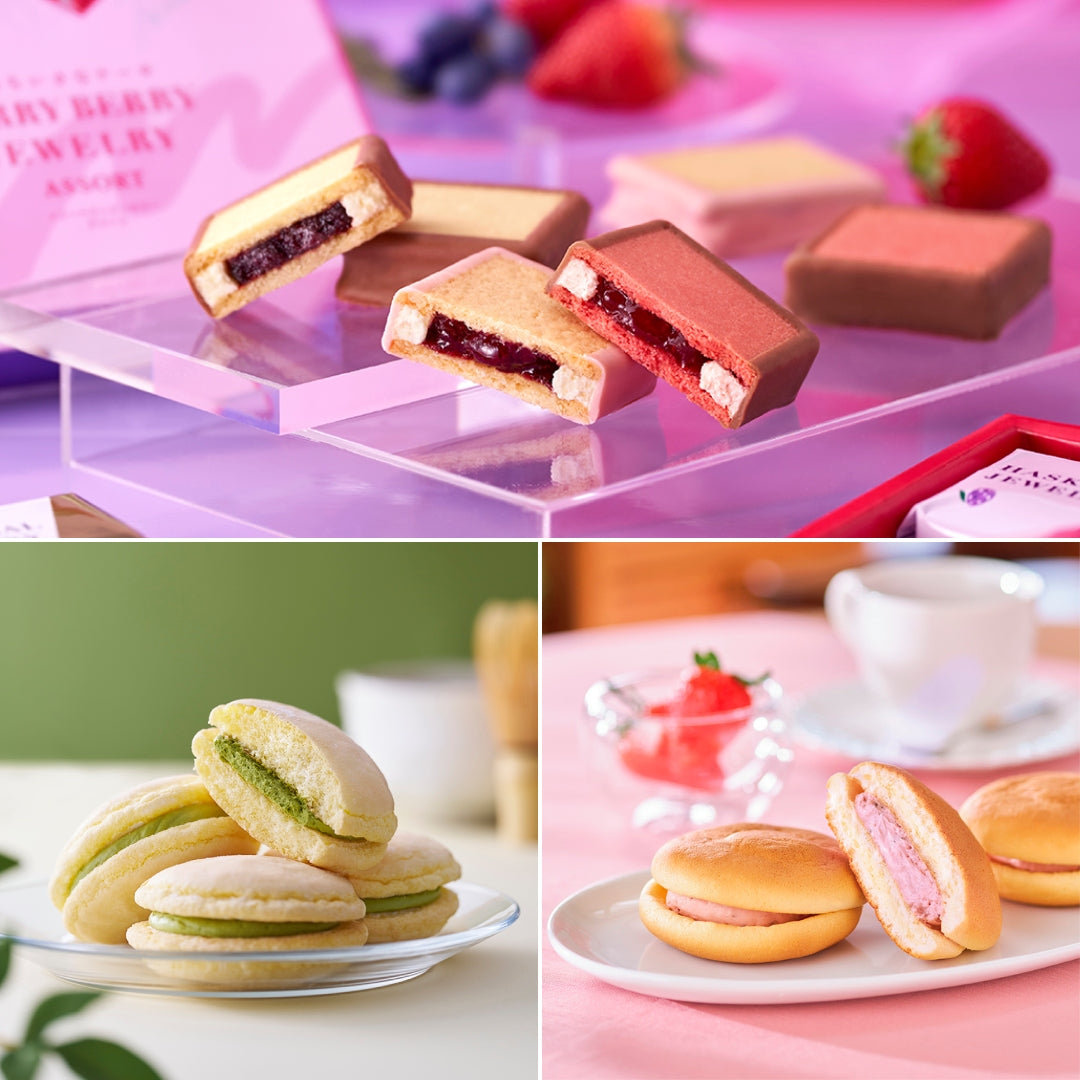 季節のスイーツトリオ（ベリーベリージュエリー アソート、雪鶴抹茶バター、ゆきむしスフレ 北海道いちご）